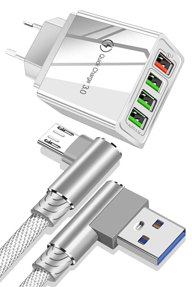 A6 Şarj Adaptörü 4 Port + J11 Micro Usb 90 Derece Şarj Kablosu -1mt - 1