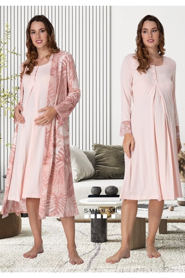 Women's Pink Maternity Dressing Gown Nightgown Set Effortt