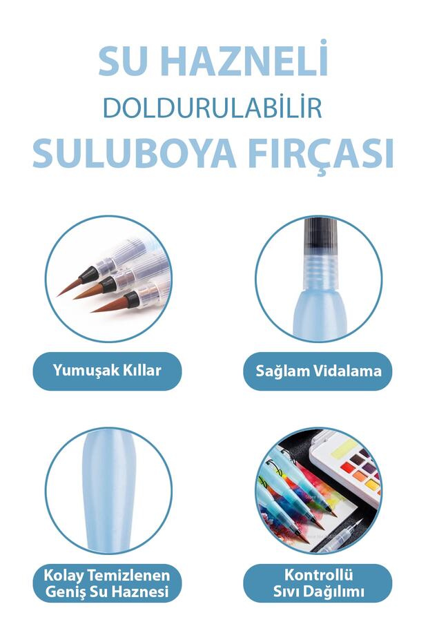 3 Adet Tombul Su Hazneli Suluboya Fırçası | Doldurulabilir | S | M | L | - 4
