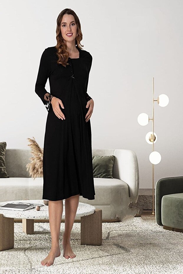 Women's Black Lace Long Sleeve Cotton Maternity Nightie with Breastfeeding Feature