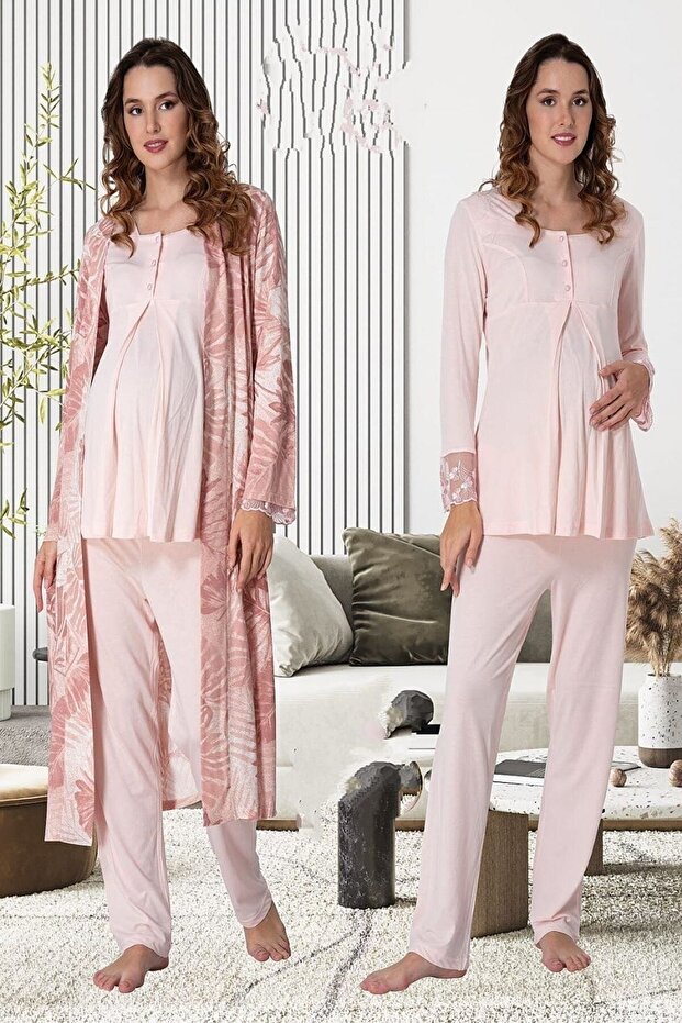Women's Salmon Patterned Lace Long Sleeve Cotton Maternity Maternity Dressing Gown Pajama Set