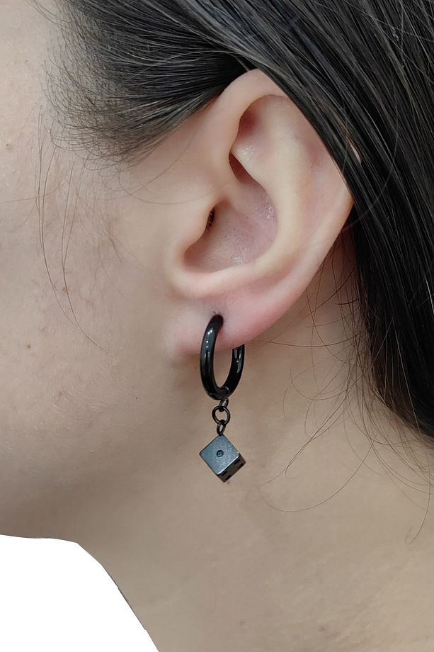 Siyah Çelik Sallantılı Zar Erkek Tek Küpe Et03sy - 3