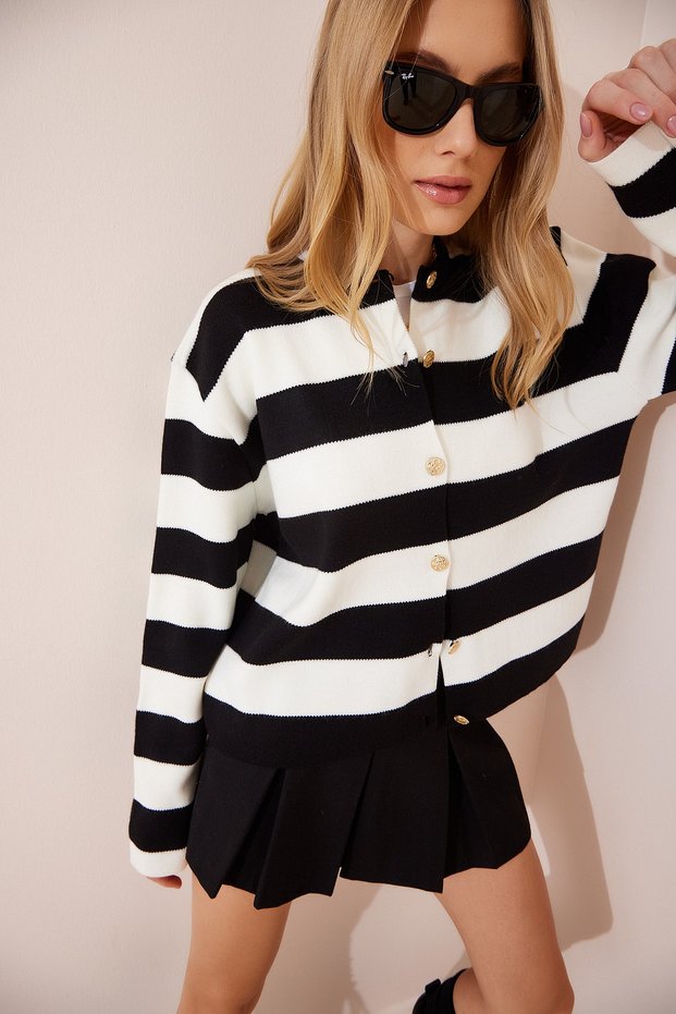 Women's Black Ecru Crew Neck Striped Knitwear Cardigan YY00103