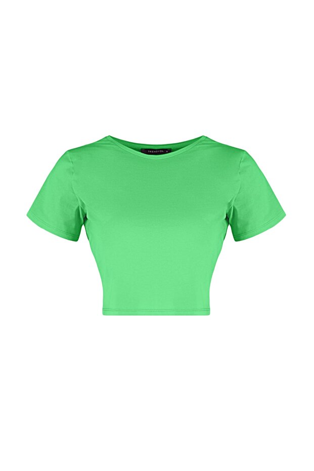 Mavi-Yeşil 2'li Paket %100 Pamuk Crop Bisiklet Yaka Örme T-Shirt TWOSS20TS1480 - 6