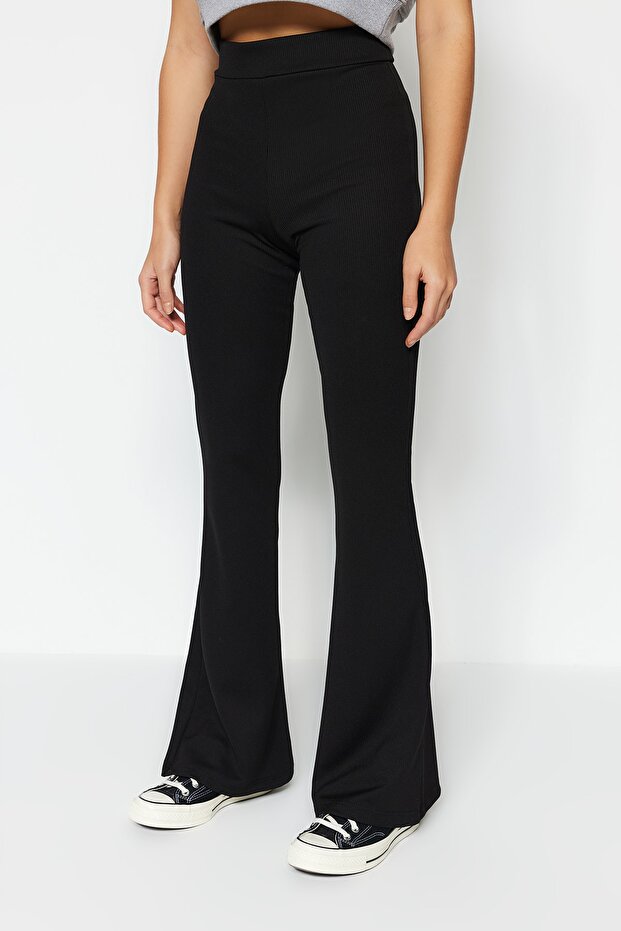 Siyah Fitilli Flare/İspanyol Paça Yüksek Bel Esnek Örme Tayt Pantolon TWOSS23PL00135 - 4