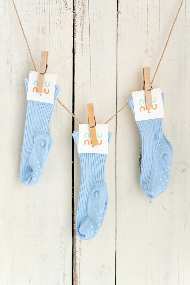 3-Piece Blue Baby Kids Folded Anti-Slip Socks