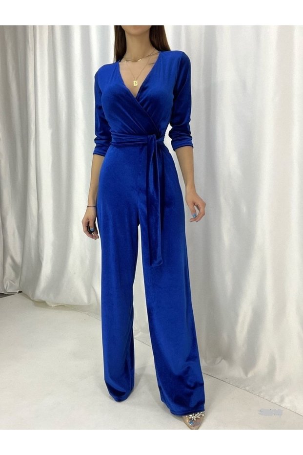 Flexible Velvet Fabric Double Breasted Collar Belted Long Evening Dress Jumpsuit 58618 720