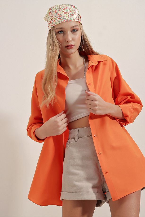 3900 Oversize Uzun Basic Gömlek - Turuncu - 2