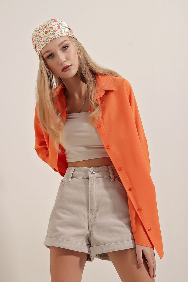 3900 Oversize Uzun Basic Gömlek - Turuncu - 7