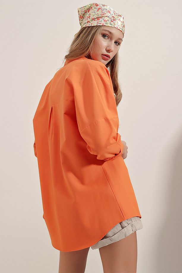3900 Oversize Uzun Basic Gömlek - Turuncu - 8