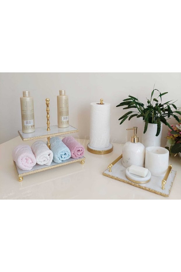 Royal Cream - Natural White Marble Bathroom Set of 7 | Ball Object | Gold |