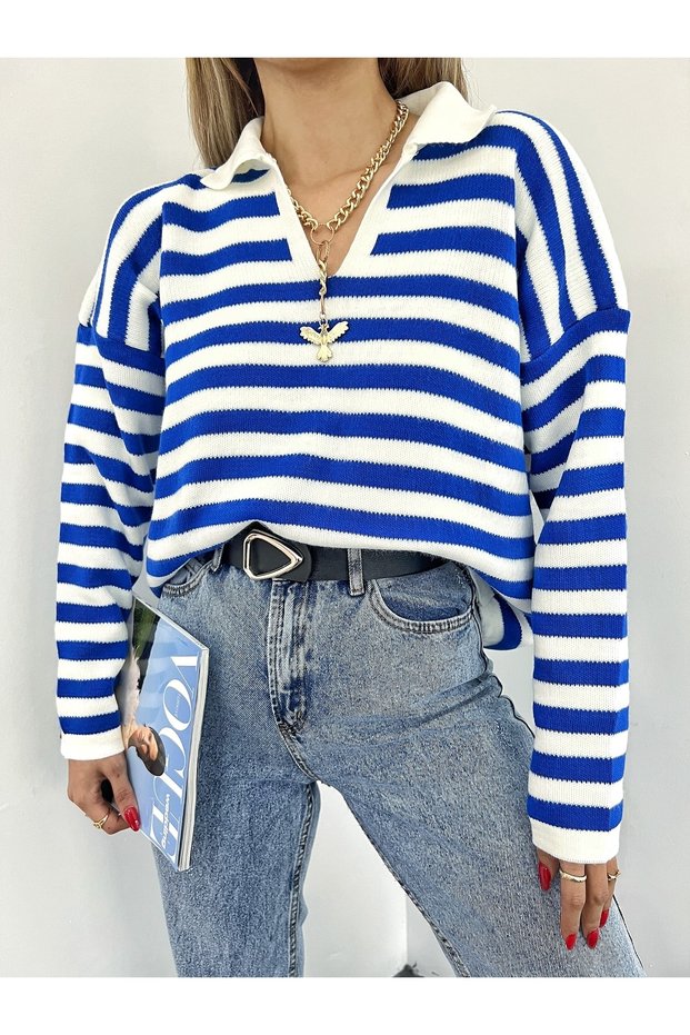 Women's Cobalt Blue Polo Collar Striped Long Sleeve Knitwear Sweatshirt