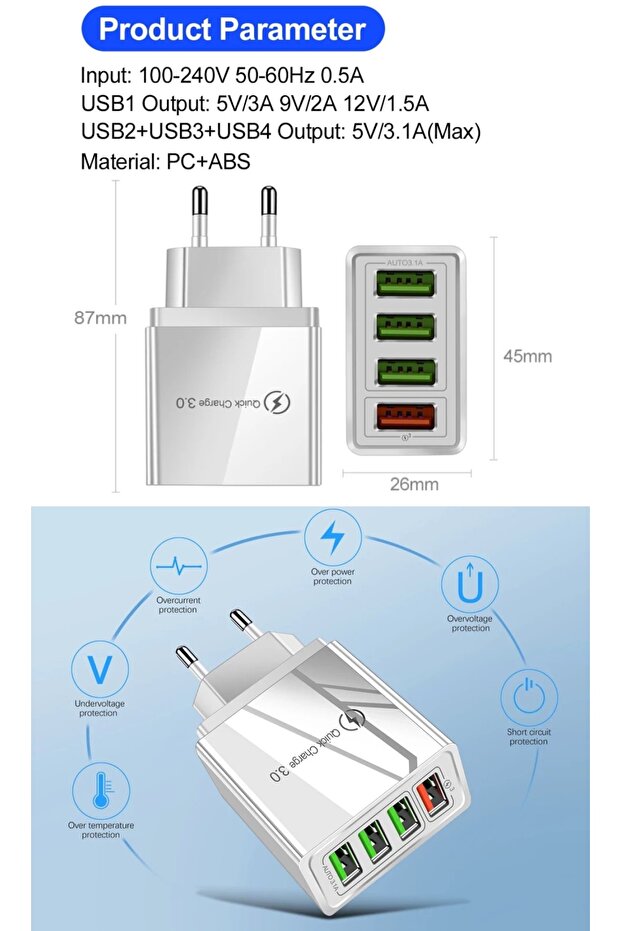 A6 Şarj Adaptörü 4 Port + J11 Micro Usb 90 Derece Şarj Kablosu -1mt - 3