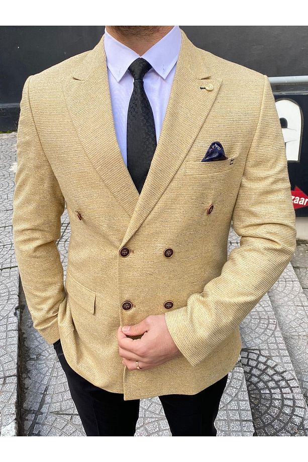 Slimfit Taba 6 Düğme Kruvaze Tek Ceket - 1