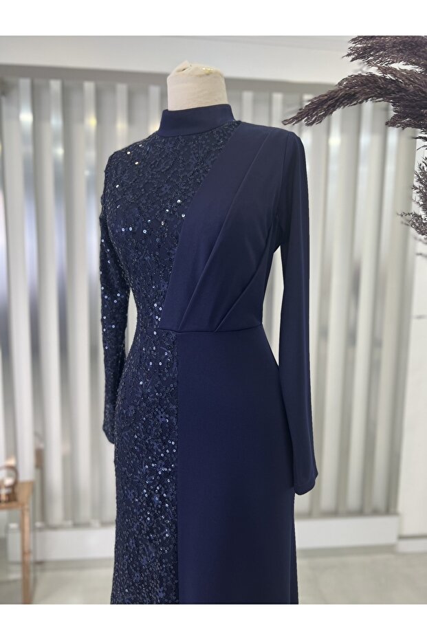 Sequined Azalea Hijab Evening Dress Navy Blue