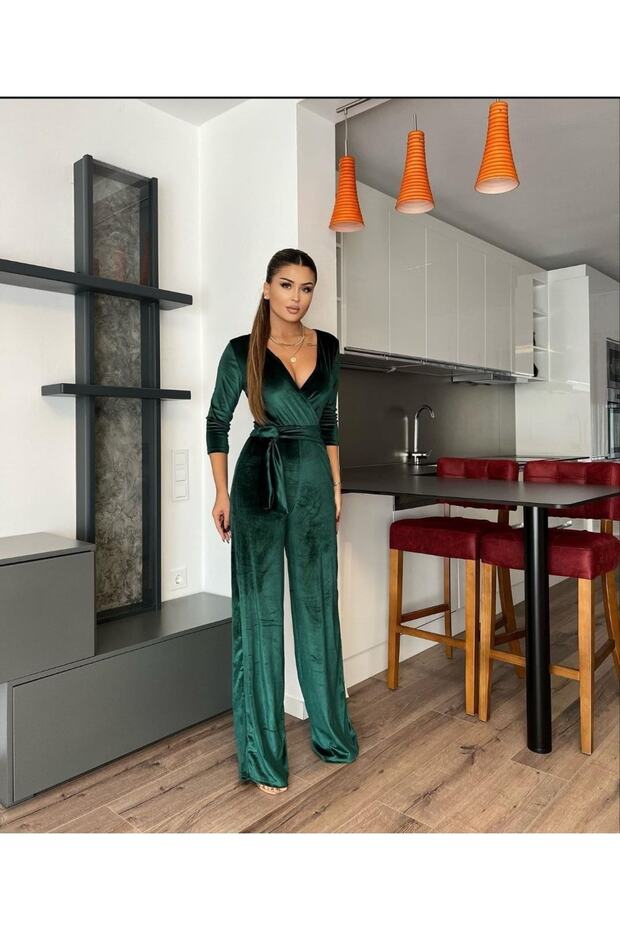 Flexible Velvet Fabric Double Breasted Collar Belted Long Evening Dress Jumpsuit 58618 720