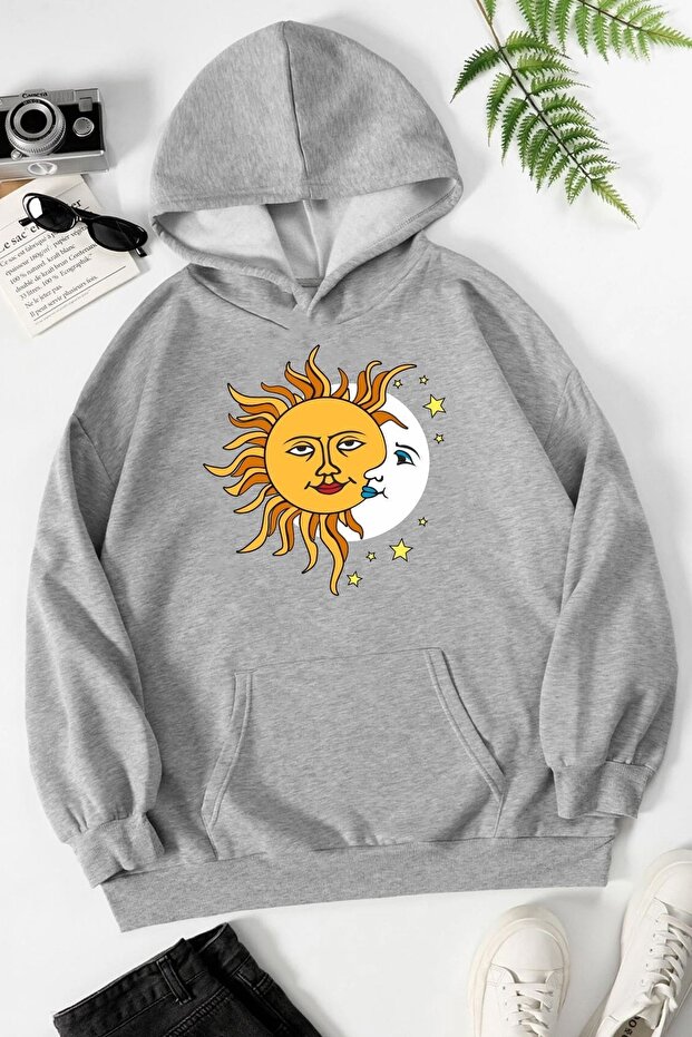 Unisex Gray Moon and Sun Legend Printed Hooded Sweatshirt