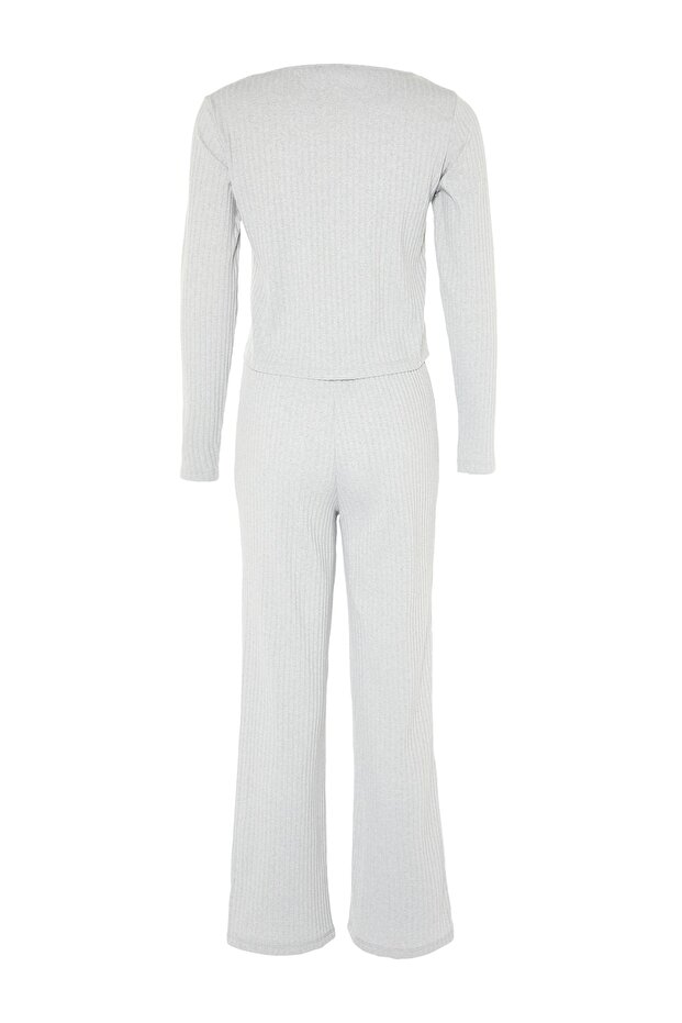 Gri Slogan Lastik Detaylı Fitilli Örme Pijama Takımı THMAW21PT0269 - 9