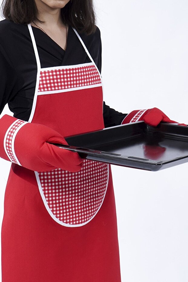 طقم مطبخ أحمر (مريلة مطبخ + 2 قفازات فرن)
