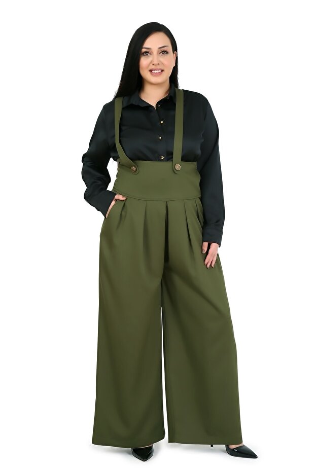 Large Size Wide Leg Khaki Trousers with Pleated Front Pockets and Straps and Button Detail