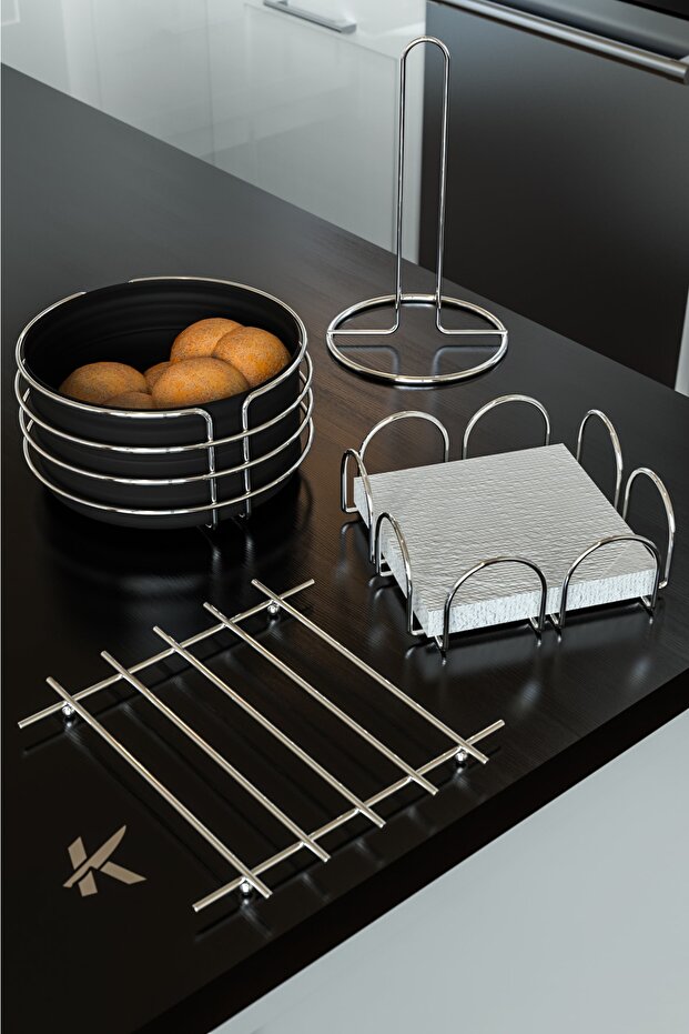 Luxury Stainless Service Presentation Set and Bread Basket, Towel Holder, Napkin Holder, Trivet, Bread Dish, Set of 4
