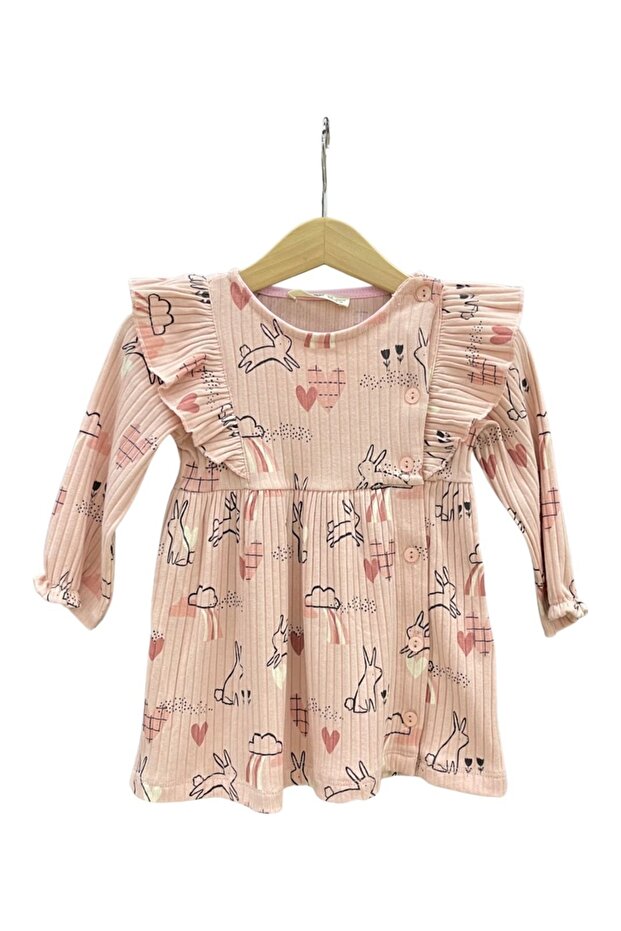 Desenli Kız Bebe Gül Örme Elbise - 1
