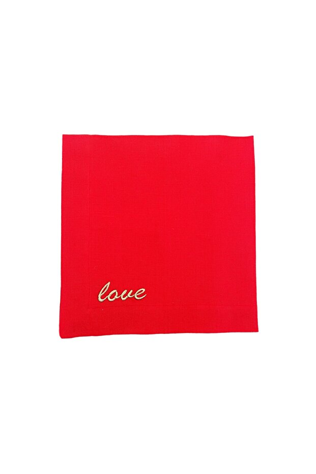 منديل تقديم كتان أحمر منقوش من Love مقاس 45 × 45