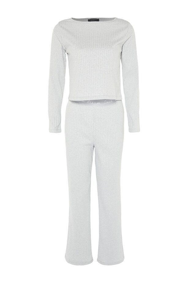 Gri Slogan Lastik Detaylı Fitilli Örme Pijama Takımı THMAW21PT0269 - 7