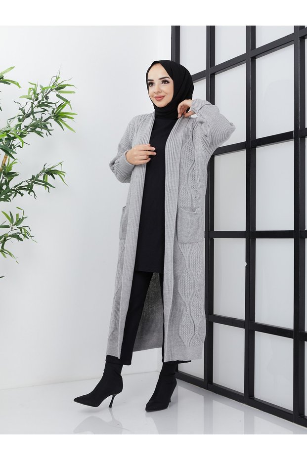Women's Gray Knitted Patterned Knitwear Cardigan with Pockets