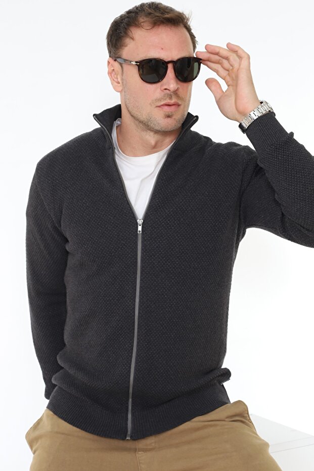 Stutgard 100% Organic Cotton Zippered Anthracite Melange Knitwear Sweater Cardigan