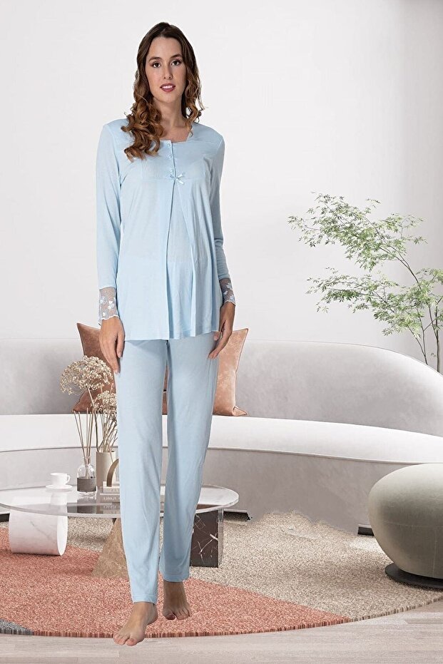 Women's Blue Lace Long Sleeve Cotton Maternity Pajamas Set with Breastfeeding Feature