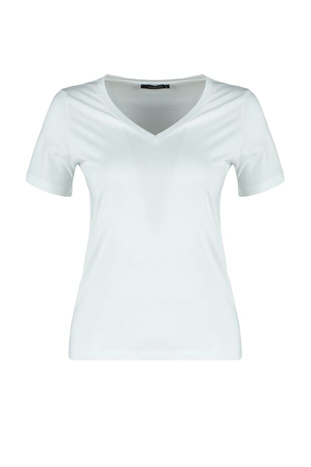 Beyaz %100 Pamuk Basic V Yaka Örme T-Shirt TWOSS23TS00001 - 6