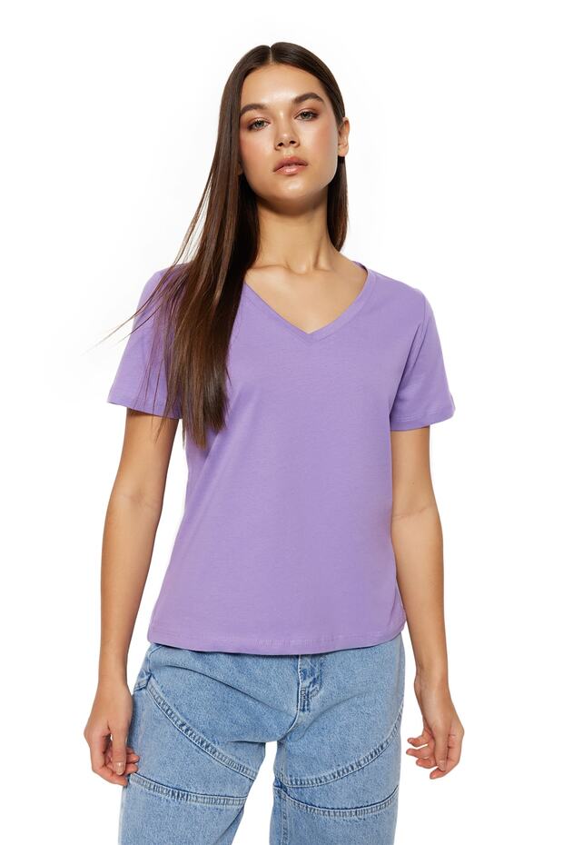 Lacivert-Lila %100 Pamuk 2'li Paket Basic V Yaka Örme T-Shirt TWOSS23TS00002 - 4