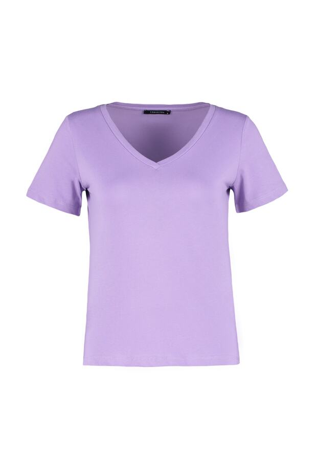Lacivert-Lila %100 Pamuk 2'li Paket Basic V Yaka Örme T-Shirt TWOSS23TS00002 - 6