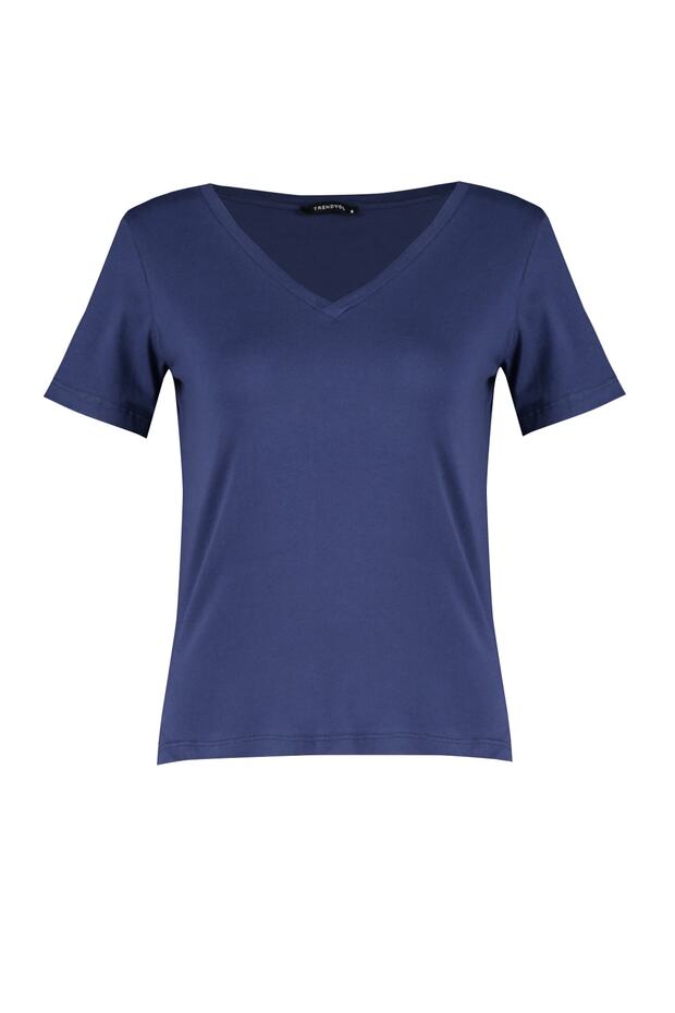 Lacivert-Lila %100 Pamuk 2'li Paket Basic V Yaka Örme T-Shirt TWOSS23TS00002 - 7