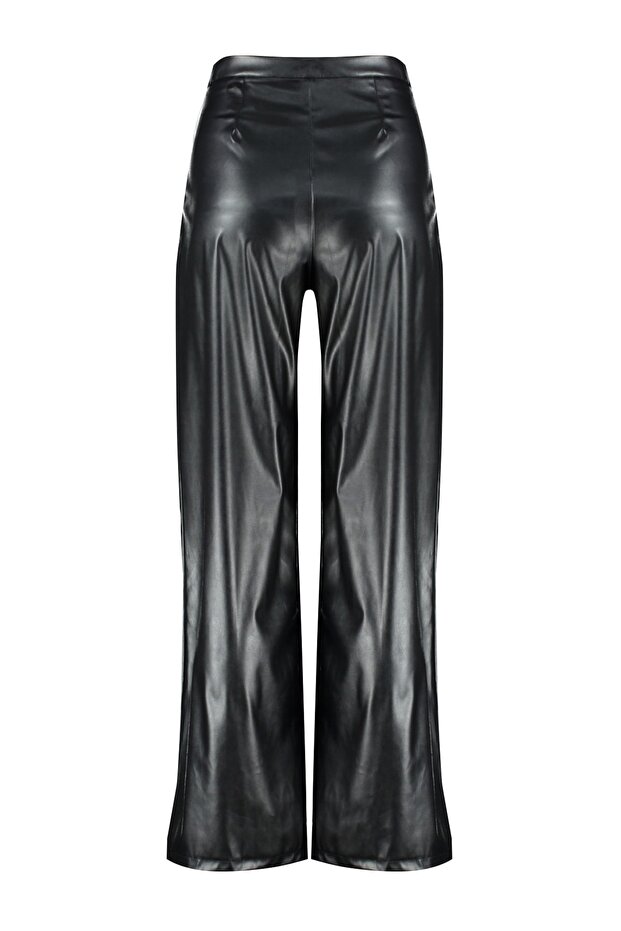 Siyah Suni Deri Wide Leg/Geniş Paça Nervürlü Yüksek Bel Pantolon TWOSS23PL00131 - 8