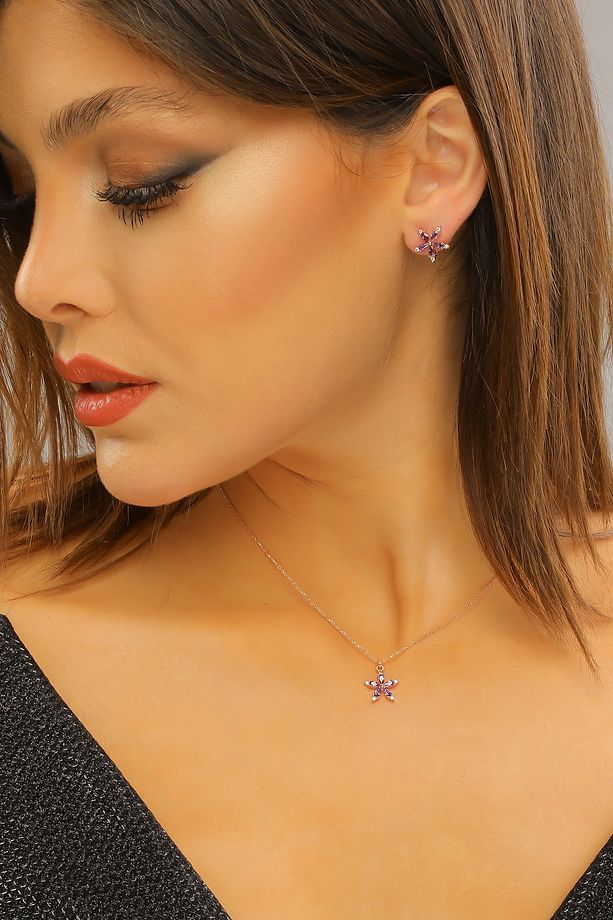 925 Ayar Gümüş Ametist Model Nergis Çiçeği Kolye Küpe Set - 2