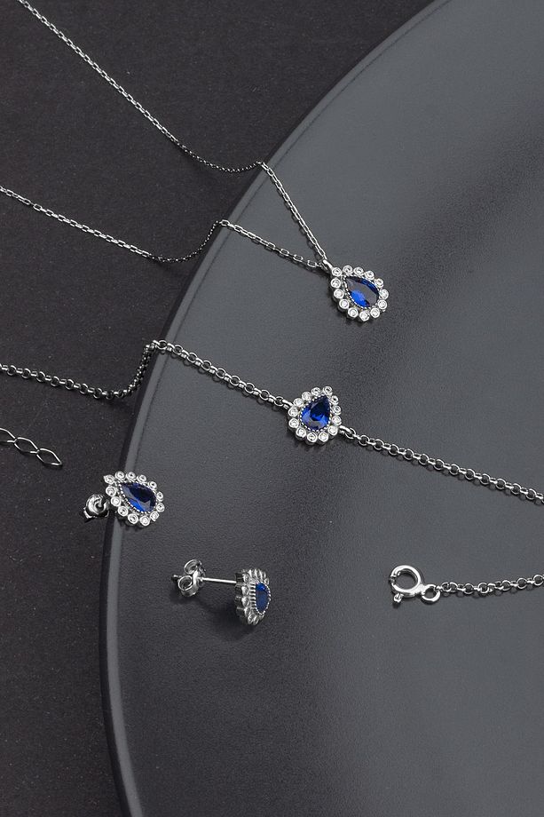 925 Ayar Gümüş Pırlanta Model Safir Taşlı Damla Kolye Küpe Bileklik Takı Seti - 4