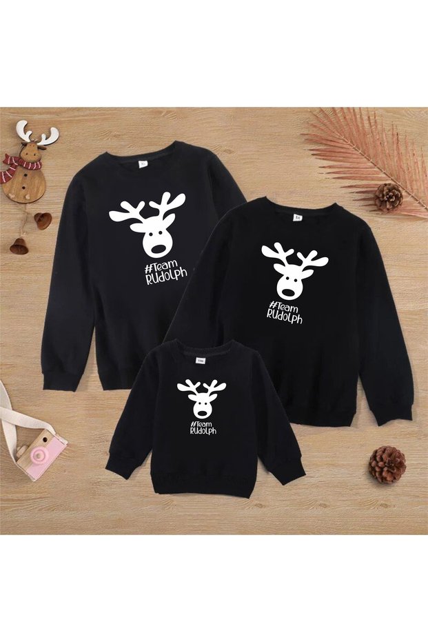 Christmas New Year Family Combination Deer Printed Crew Neck Sweatshirt (Price is for 1 Sweat)