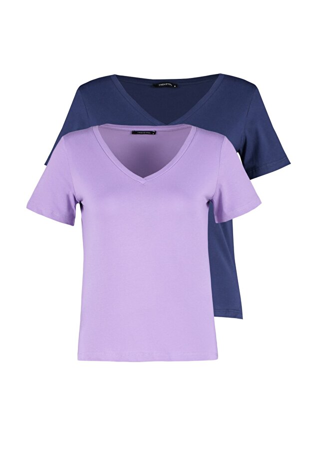 Lacivert-Lila %100 Pamuk 2'li Paket Basic V Yaka Örme T-Shirt TWOSS23TS00002 - 5