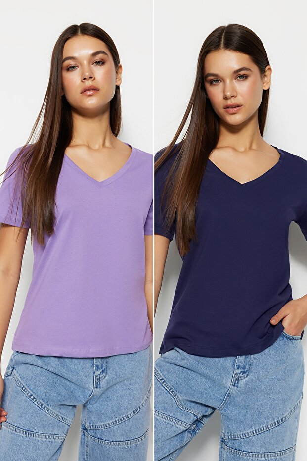 Lacivert-Lila %100 Pamuk 2'li Paket Basic V Yaka Örme T-Shirt TWOSS23TS00002 - 1