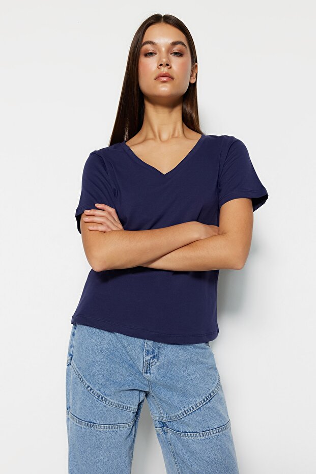 Lacivert-Lila %100 Pamuk 2'li Paket Basic V Yaka Örme T-Shirt TWOSS23TS00002 - 3