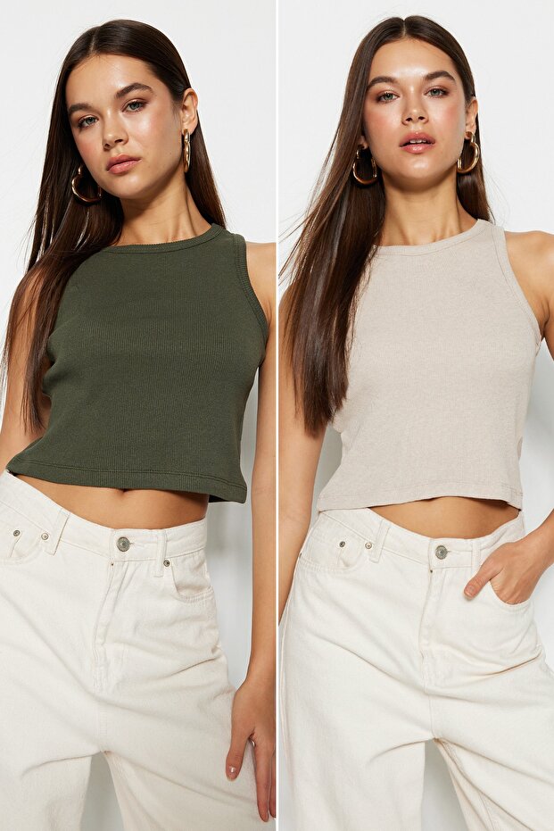 Haki-Bej 2'li Paket Fitted/Vücuda Oturan Crop Halter Yaka Fitilli Esnek Örme Atlet TWOSS21AL0058 - 6