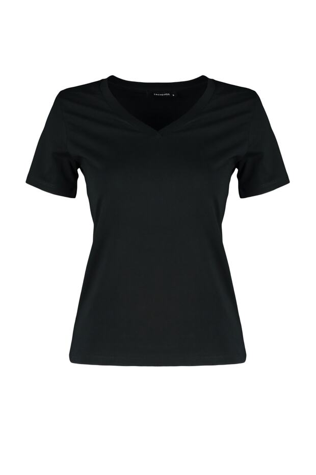 Siyah %100 Pamuk Basic V Yaka Örme T-Shirt TWOSS23TS00001 - 6