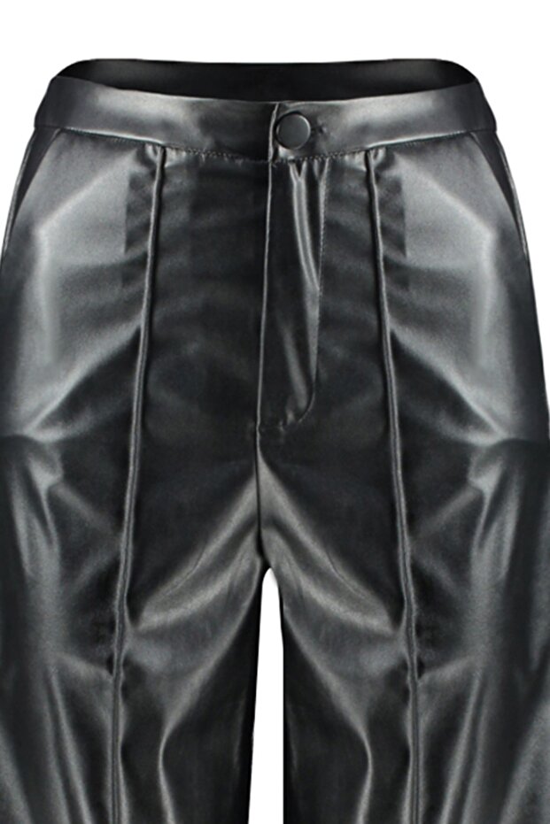 Siyah Suni Deri Wide Leg/Geniş Paça Nervürlü Yüksek Bel Pantolon TWOSS23PL00131 - 7