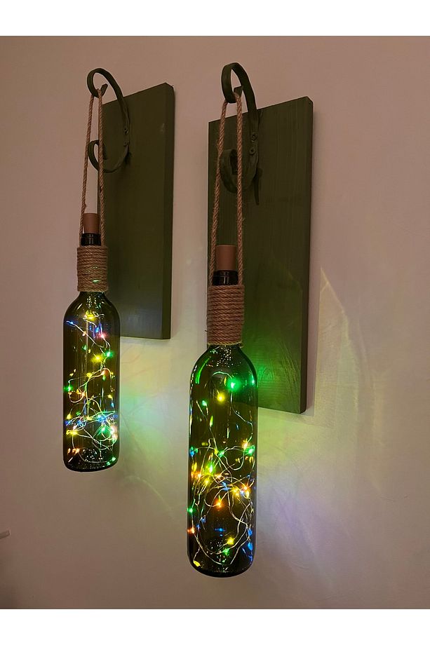 Renkli Tıpa Peri Led Işıklı Yeşil Ahşap Retro Yeşil Şarap Şişesi Duvar Aplik 2'li Set - 3