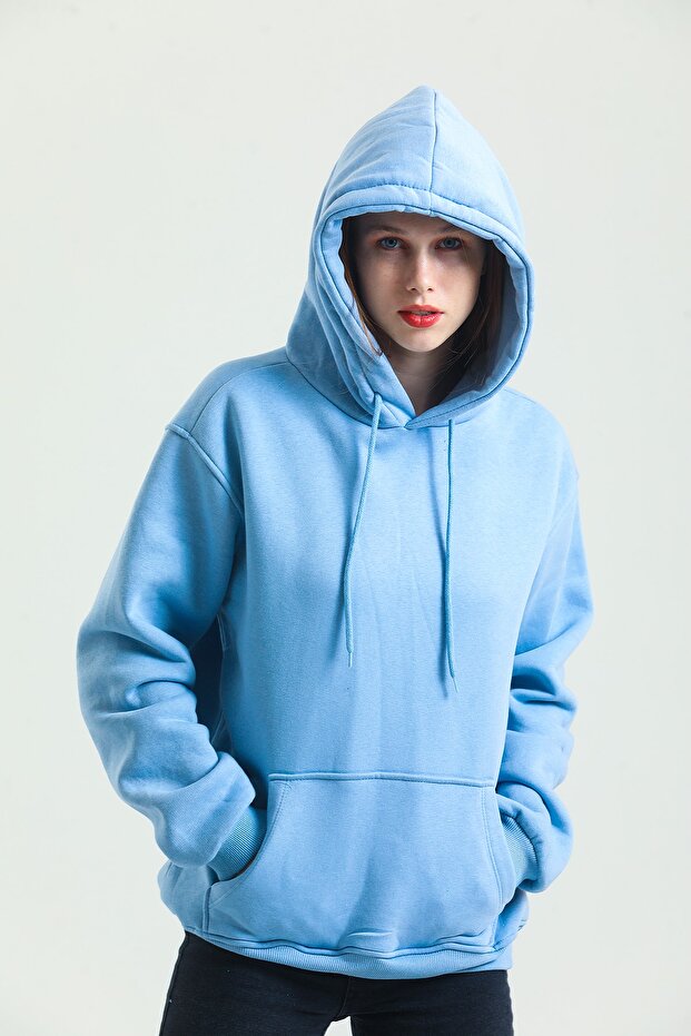 Unisex 100% Cotton Oversize Blue Hooded Sweatshirt