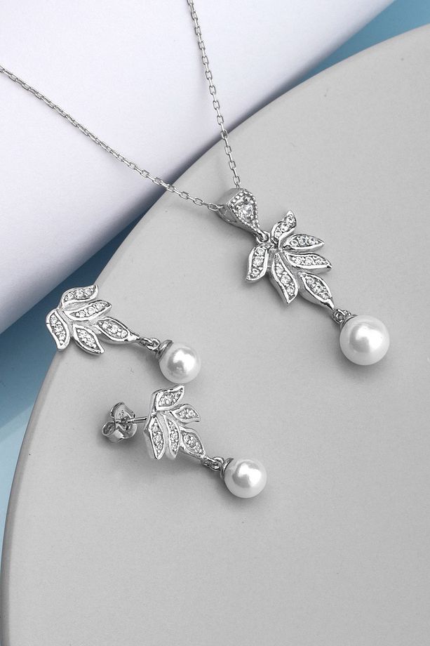 925 Ayar Gümüş Inci Sallantılı Yaprak Kolye Küpe Set - 1
