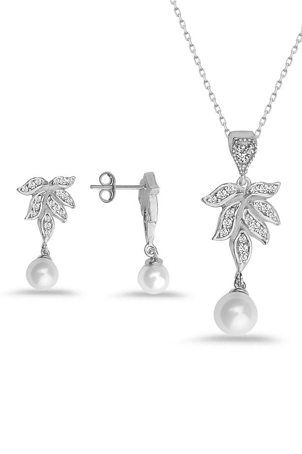 925 Ayar Gümüş Inci Sallantılı Yaprak Kolye Küpe Set - 3