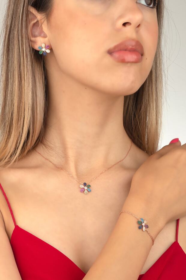 925 Ayar Gümüş Mix Taşlı Papatya Kolye Küpe Bileklik Set - 4